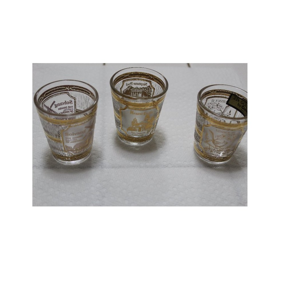 Lot 3-pc Vintage Culver Shots Glass 22k Gold Trim Hearst Castle, Solvang, Ozarks